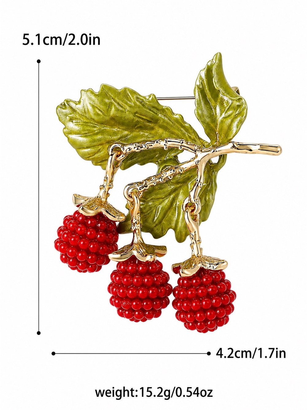 Gold-Tone Leaf Brooch with Green Enamel and Red Berry Clusters - Picture 3 of 10